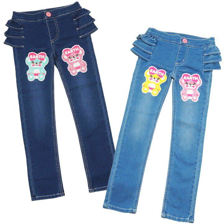 50% off Japan EM earthmagic colorful bear cloth patch lace ruffled jeans