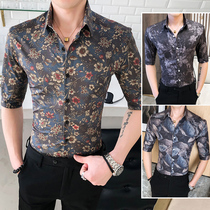 Fugui bird male flower shirt short sleeve Korean version casual handsome flowers in the middle of the sleeves trendy ruffians 70% sleeves shirt