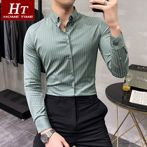 Spring and summer striped shirt mens long sleeve business casual shirt Korean slim trend anti-wrinkle non-iron inch shirt