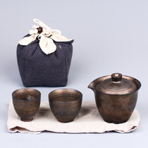 Wu Jin coarse pottery antique ceramic travel tea set set portable fast guest Cup one pot two cups hand grab pot tea maker bag