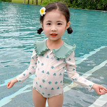 Childrens swimsuit girl one-piece long sleeve sunscreen girl cute swimsuit Korean little Princess lace hot spring swimsuit