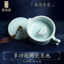 Qingyutang ink pond inkstone multi-function ink cartridge ink disc pen holder pen holder Pen wash lick pen research ink disc Ge Kiln ice crack copper ring with cover Inkstone Ceramic brush calligraphy Chinese painting Four treasures tool