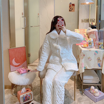 Pajamas Woman Autumn Winter Three Layers Clip Cotton Gushed Thickened Warm Cotton Padded Jacket Coral Gold Drill Fluff Ball Home Conserved Suit
