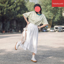 2021 New Japanese elastic waist irregular lace skirt A- line dress girls Joker long skirt Hong Kong style
