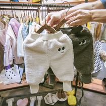Male Girl Lamb Suede Pants Autumn Winter Year New Foreign Air Children Plus Suede Long Pants Baby Wool Bungles Pants