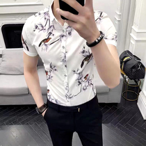 Slim-fit non-ironing stretch shirt mens summer silk ink embroidery outside the shirt Korean version of the short-sleeved boutique inch shirt tide