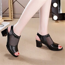 Mesh fish mouth sandals womens high heels thick heel spring summer new womens shoes medium heel rhinestone mother shoes