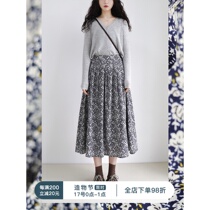 Fine broken dream general town pleated retro half height waist umbrella skirt Blue floral skirt new spring