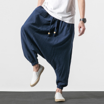 Chinese style cotton and linen low crotch pants mens cross pants linen bunches foot closure feet wide crotch pants tide