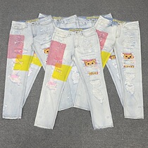 Drew Smiley bear sticker inkjet hole Tide brand FOG High Street straight tube trend loose trousers jeans men