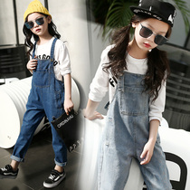 Girl Cowboy Back Belt Pants 2022 New Childlike Spring Children Long Pants Girl Great Boy Casual Korean Version Jeans