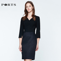 PORTS Triacetic acid womens elegant V-neck mid-sleeve contrast stitching dress LN8D189HFB010
