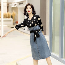 2021 popular Summer Korean version retro fashion Podot snow spinning A word dress splicing fake two-piece denim dress woman