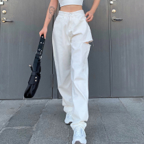 H home European and American style solid color hole asymmetric design womens trousers autumn and winter high waist loose casual straight pants