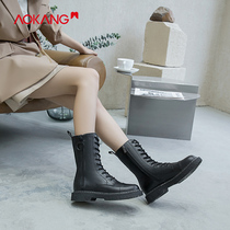 Aokang womens shoes new winter English wind ann Martin boots female black locomotive mid-barrel short boots tide ins official shop