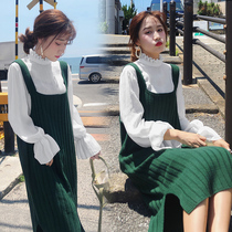 Pregnant women spring fashion new trendy mom spring and autumn dress medium-long sweater strap skirt Pregnant women two-piece suit