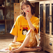 The summer down the stairs not awkward pajamas woman pure cotton slim down sweet and cute teenage girl short sleeves Two sets of home clothes