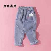 Female baby spring dress broken hole jeans tide 2022 Korean version of childrens foreign style fashion girl little girl spring pants
