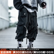 Xiaobin national tide function wind stripe pants male loose hip hop Tide brand ribbon leg pants big pocket overalls pants tide tide