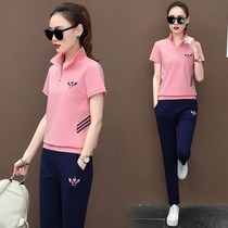 Sports suit womens summer 2019 new fashion stand-up collar short-sleeved trousers two-piece Korean version of the trend leisure suit tide