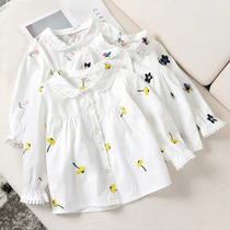 Girls White Shirt Childrens embroidery Korean casual long-sleeved shirt Little girl Spring and Autumn tide clothes Foreign style all-in-one tide