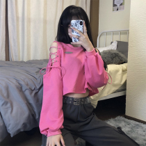 H home European and American leisure style pullover hollow tether strapless design sense sweater T-shirt female girl rose pink short top