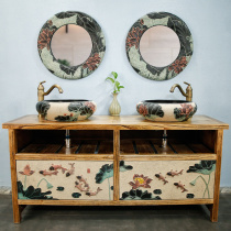 New Chinese fashion solid wood bathroom cabinet imitation classical garden stage double basin wash hand wash face basin floor bathroom cabinet
