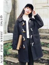 2020 new Japanese lapel woolen coat womens long horn button coat female college style student Moren Department