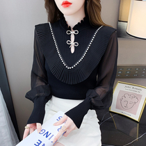 Lotus leaves splice lace long sleeve tops 2022 new high - temperament style slim knitted shirts