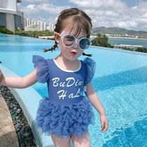 2020 Summer Korean version of childrens lace princess swimsuit baby foreign girl triangle conjoined little girl swimsuit