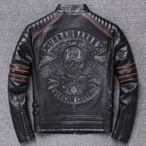 Fried Street Genuine Leather Leather Clothing Head Layer Bull Leather Upright Collar short Tide Mens Leather Jacket Skull Embroidered Harelocomotive Clothes