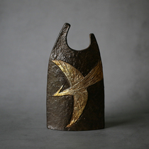 Japans Fengshan made gilt gold silver flying crane cast copper flat bottle in the inscription box