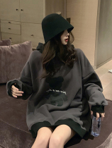 Korean Version Grey Sweatshirt Plus Suede Thickened Female Autumn Winter New 2020 Port Wind Lianhood Super Fire Loose Jacket Tide big code