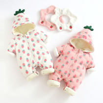 Female baby autumn and winter jumpsuit thickened 0-9 full moon newborn baby Foreign Air Korean dress hooded climbing suit 6