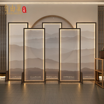 New Chinese solid wood screen with lamp luminous pattern can be customized company LOGO landscape partition semi-transparent fabric seat screen