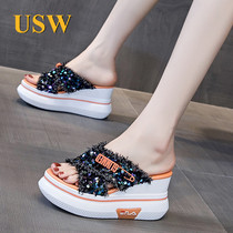 Cool slippers women 2021 Summer new currents Ins thick bottom muffins 100 hitch fashion sequins Casual Word Drag