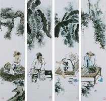  C20 Four-screen freehand characters(32)Chinese painting Gao Shitu calligraphy and painting hand-painted models