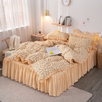 Small flower four-piece girl heart Princess wind ruffle bed skirt three-piece bed four-piece cute girl