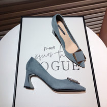 Korean Version Online Red Fashion 2022 New Square Button Frosted Suede High Heels Heels Woman New Sexy Pointed Coarse Heel Single Shoe