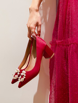 Wedding shoes women 2021 new bridal shoes Red High Heels Women pointed Pearl rhinestones thin heel single shoes Xiuhe shoes