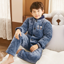 Childrens pajamas Winter flannel thickened boys flannel three-layer padded coral velvet Childrens home clothes set