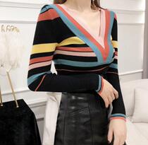  2020 Early spring new sashimi slim fit headsweaters undershirt 100 lap sweaters V neckline Striped Tide Net