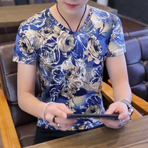 Fugui Bird Mercerized Cotton T-shirt Mens Short Sleeve Trend Korean Summer V-neck Ice Silk Print Half-Sleeve Chinese Style