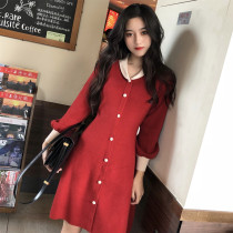 Knitted dress womens autumn and winter small slim slim mid-length high-waist long-sleeved inner sweater bottoming skirt