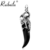 ruibeila925 Silver Black Agate Wolf Tooth Claws Necklace Pendant Mens Domineering Vintage Personality Thai Silver Europe and America