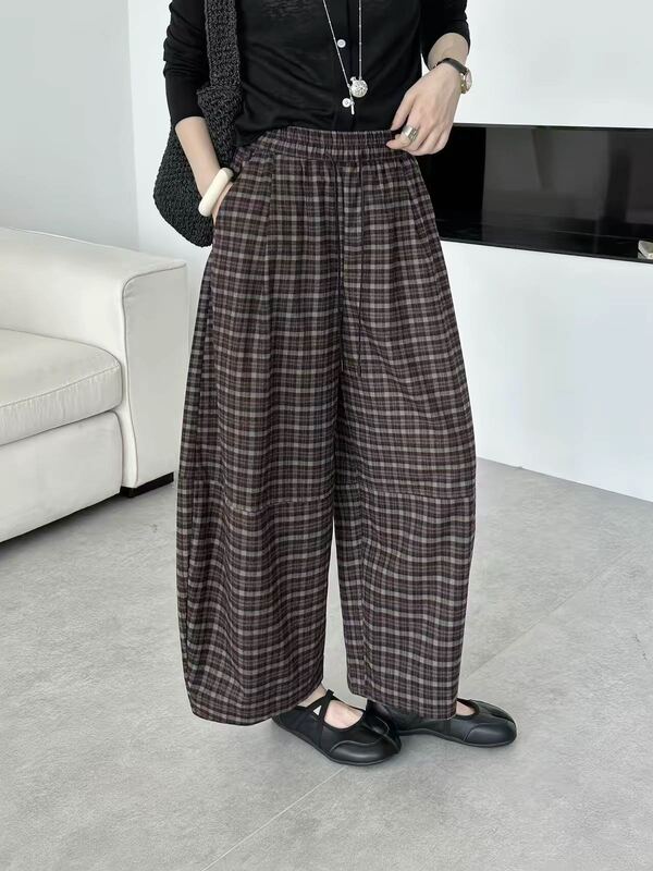 Autumn New Design Retro Plaid Drawstring Elastic Waist Slimming Loose Wide-Leg Cropped Pants for Women 6032