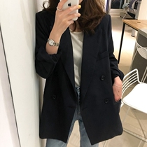 Black suit jacket female spring autumn Korean version loose with thin medium long section 100 lap double row buttoned long sleeve small western suit jacket