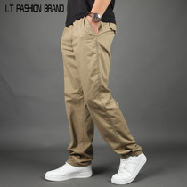 Casual pants Mens loose plus size multi-pocket overalls Mens trousers elastic waist pure cotton sports pants