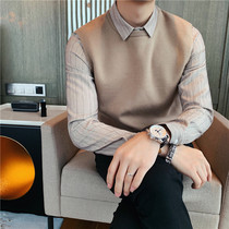 Autumn and winter fake two piece knitwear shirt collar sweater trend Korean casual mens sweater suit base shirt