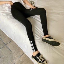 Japanese leggings women wear net red letters thin section high waist and thin three-bar slim sports small feet nine-point pants